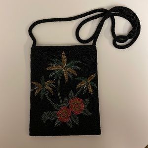 NWT Small Beaded Bag - Palms and Floral Design - Black Green Red Gold
